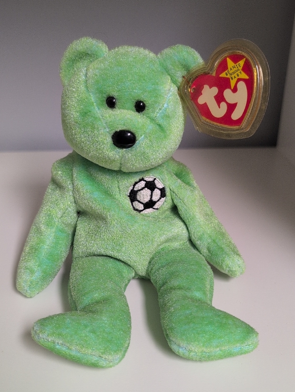 💜2/$20💜 Ty Beanie Baby Kicks 6" Soccer Bear Green BNWMT